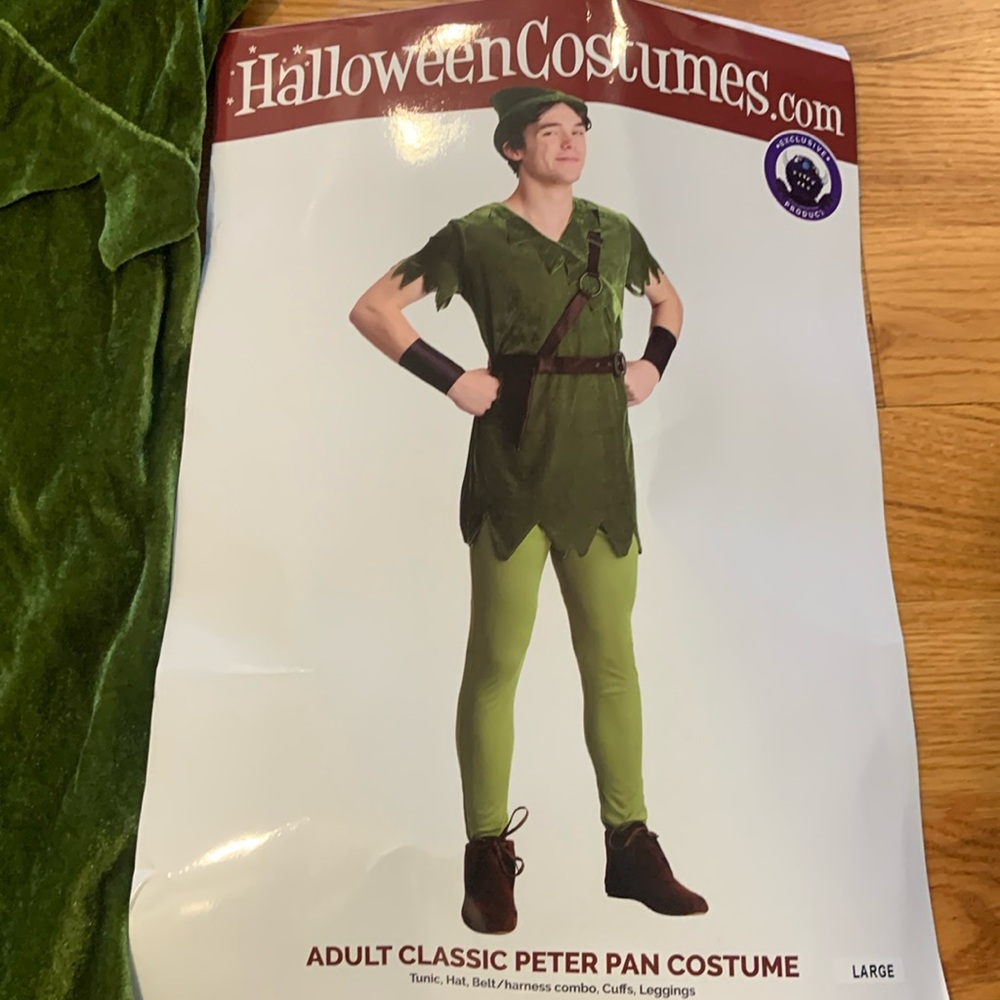 Adult Peter Pan costume with hat, shirt and leggings. Size Adult Large.